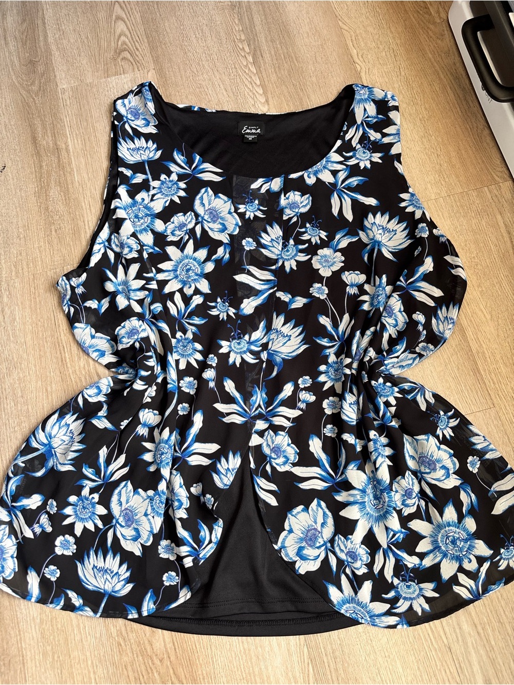 Simply Emma Black Tank Top with Blue & White Floral Print